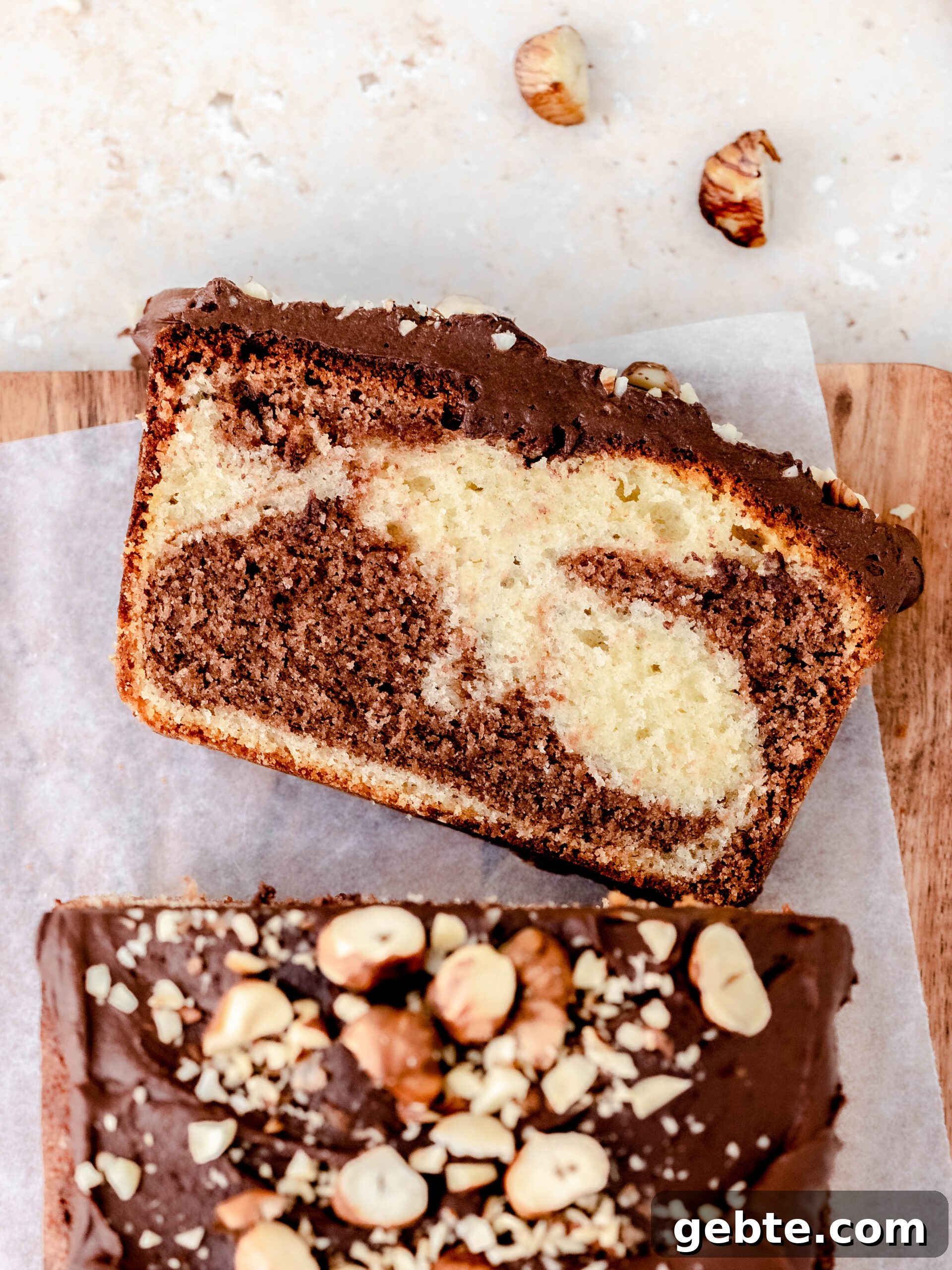 A slice of Nutella loaf cake on a tray.