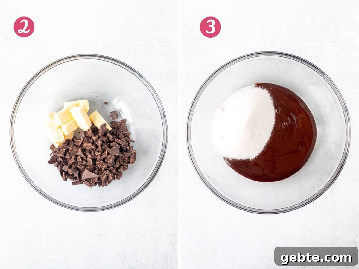 Flourless Chocolate Cake Recipe: Rich, Decadent and Gluten-Free 5 Bowl of butter and chocolate and bowl of melted butter and chocolate with sugar added into the bowl.