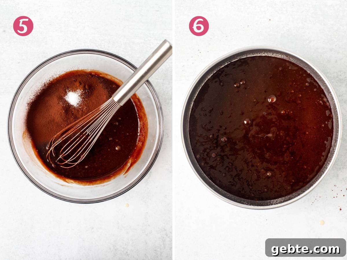 Flourless Chocolate Cake Recipe: Rich, Decadent and Gluten-Free 7 Bowl of chocolate batter with cocoa added to the bowl and unbaked chocolate cake