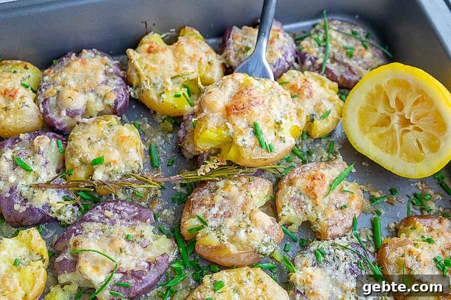 smashed potatoes in a pan