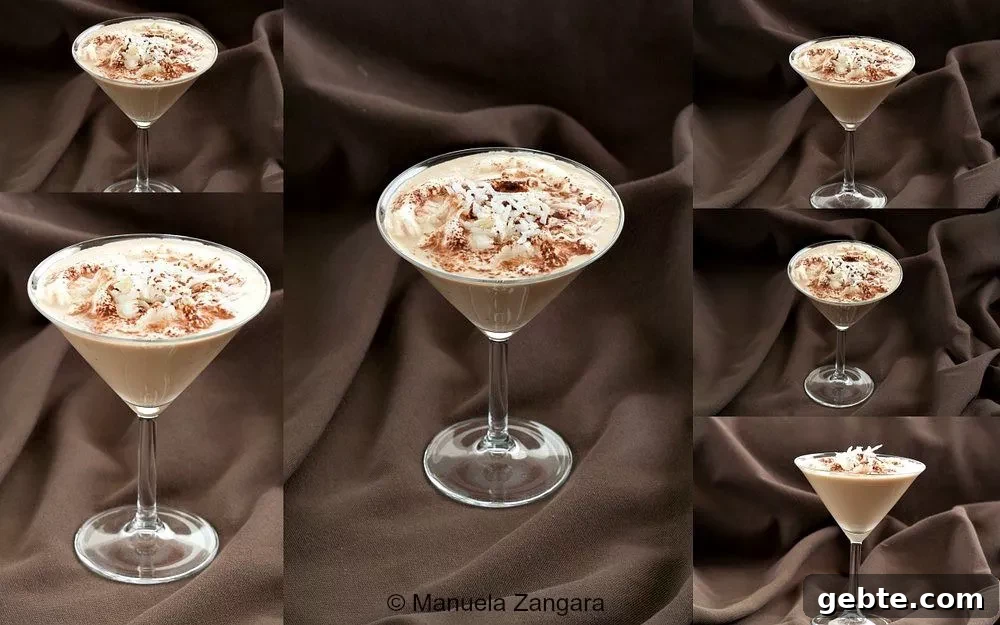 Collage of the Sweet Dreams Cocktail, a creamy Baileys, Kahlua, and Malibu cocktail served in a martini glass.