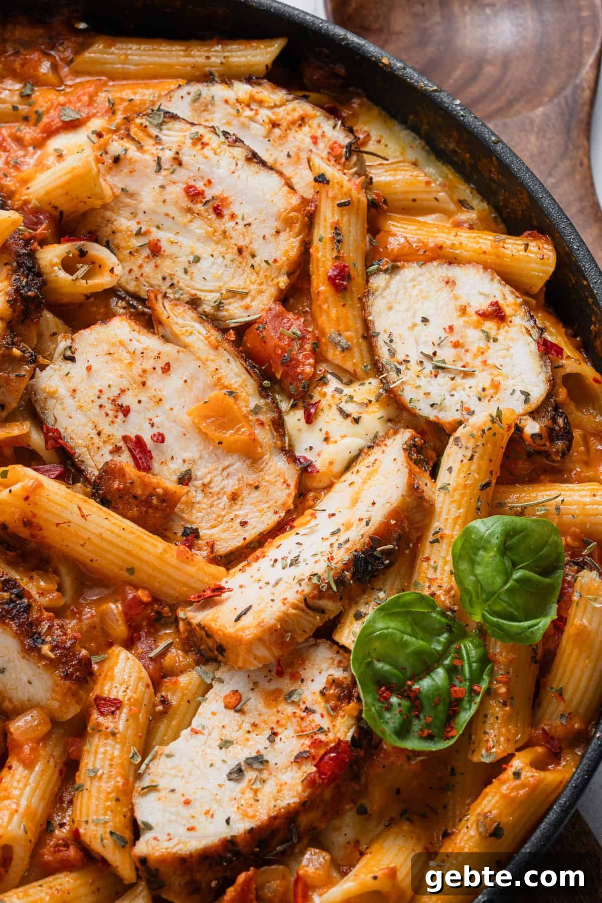 Creamy Vodka Penne with Grilled Chicken and Parmesan 12 The completed recipe of cooked chicken breast over penne pasta with vodka sauce.