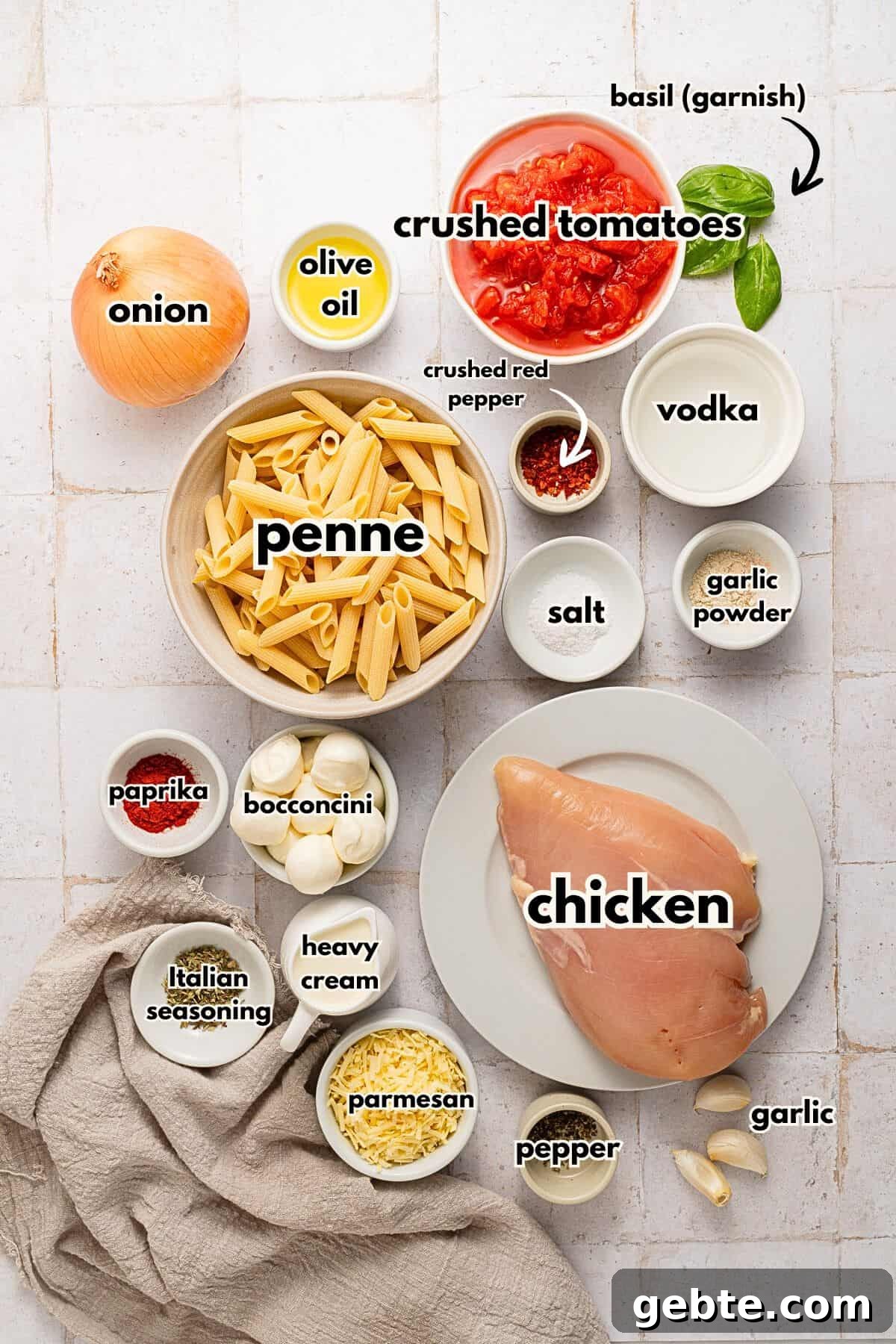 Creamy Vodka Penne with Grilled Chicken and Parmesan 3 Labels on ingredients to make the recipe.