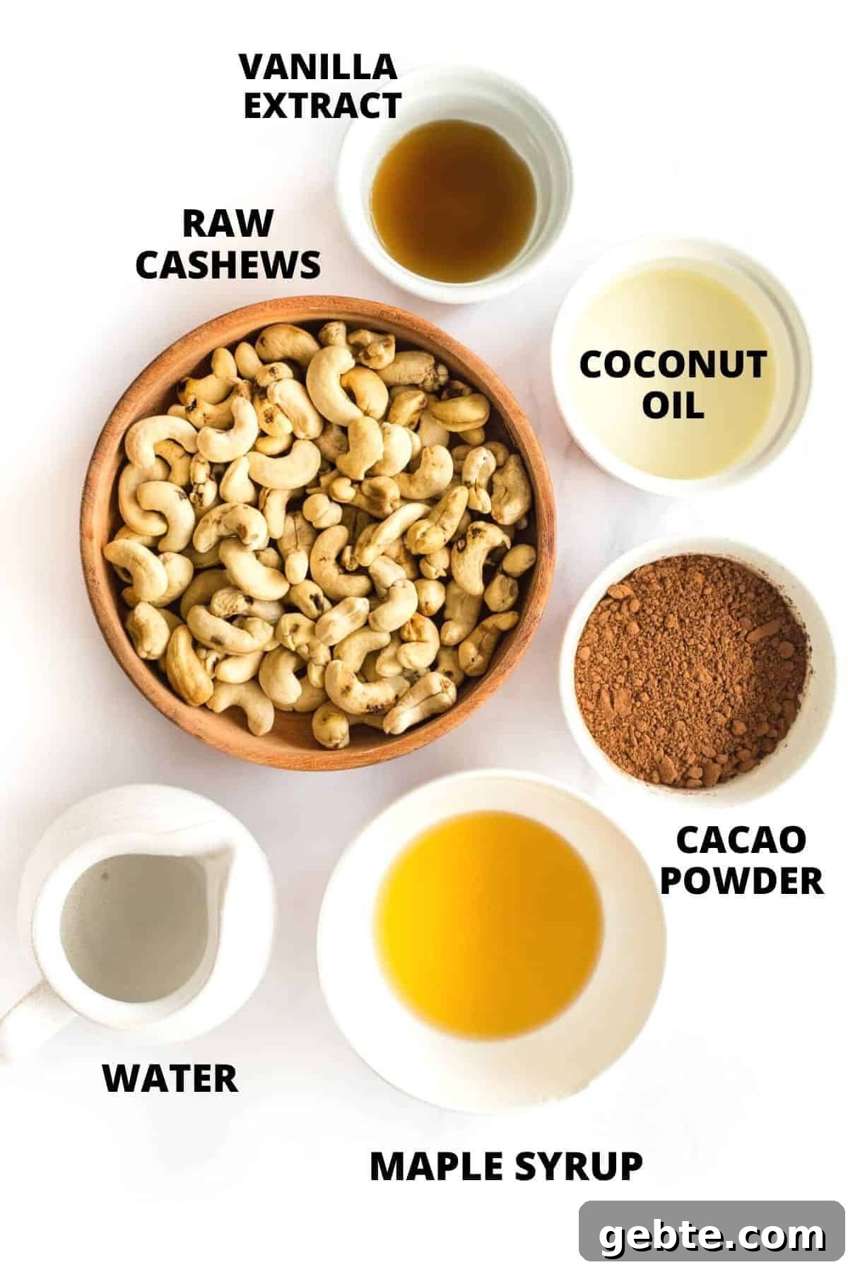 5-Minute Vegan Cashew Chocolate Pudding (Gluten-Free) Top down view of ingredients for vegan chocolate pudding recipe laid out on board.