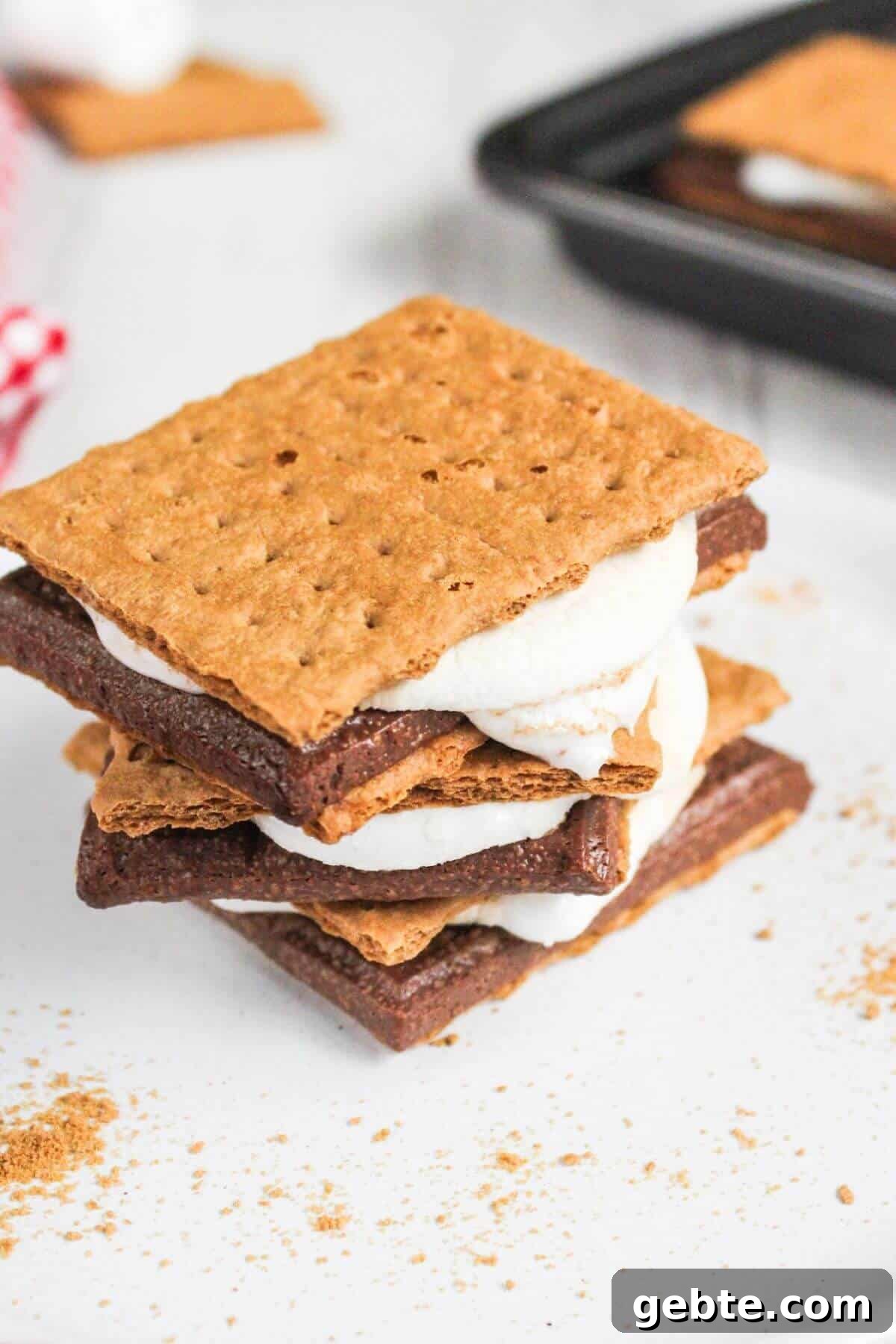 Crispy Air Fryer S'mores Recipe: Gooey Campfire Treats Fast 8 A stack of air fryer s'mores on a white plate.