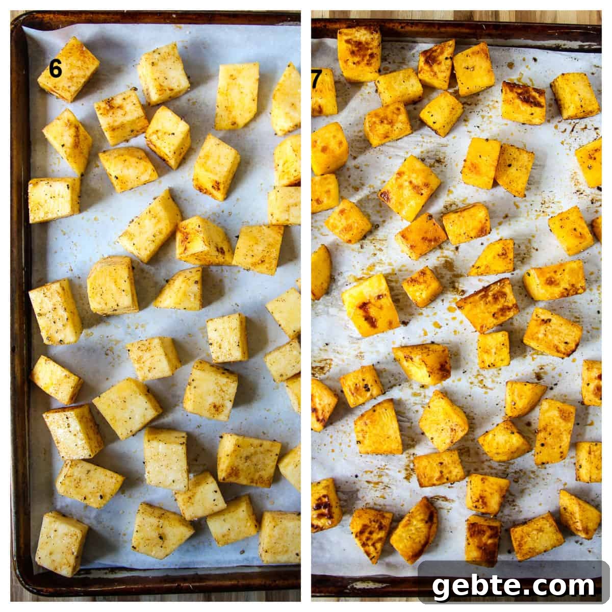 Side by side photos of the rutabaga cubes on a baking sheet before and after roasting.