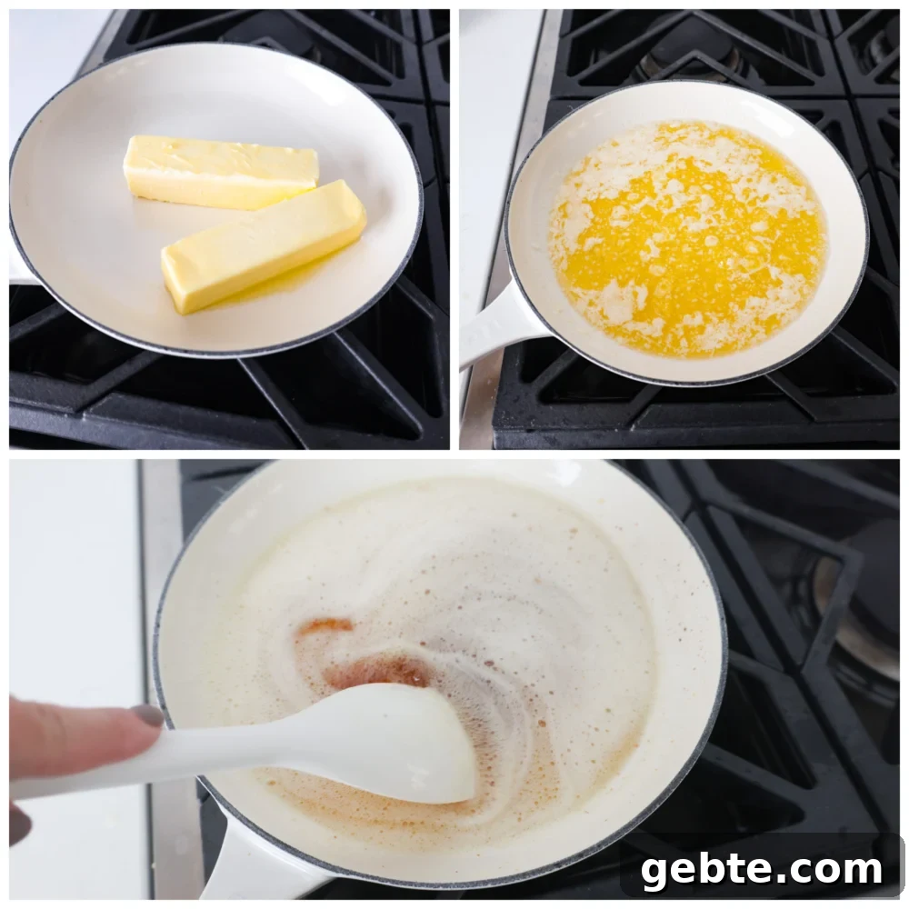Step-by-step photos showing butter melting and browning in a skillet. First photo of two sticks of butter in a white skillet. Second photo of butter melted in a skillet. Third photo of butter browning and being stirred with a rubber spatula.