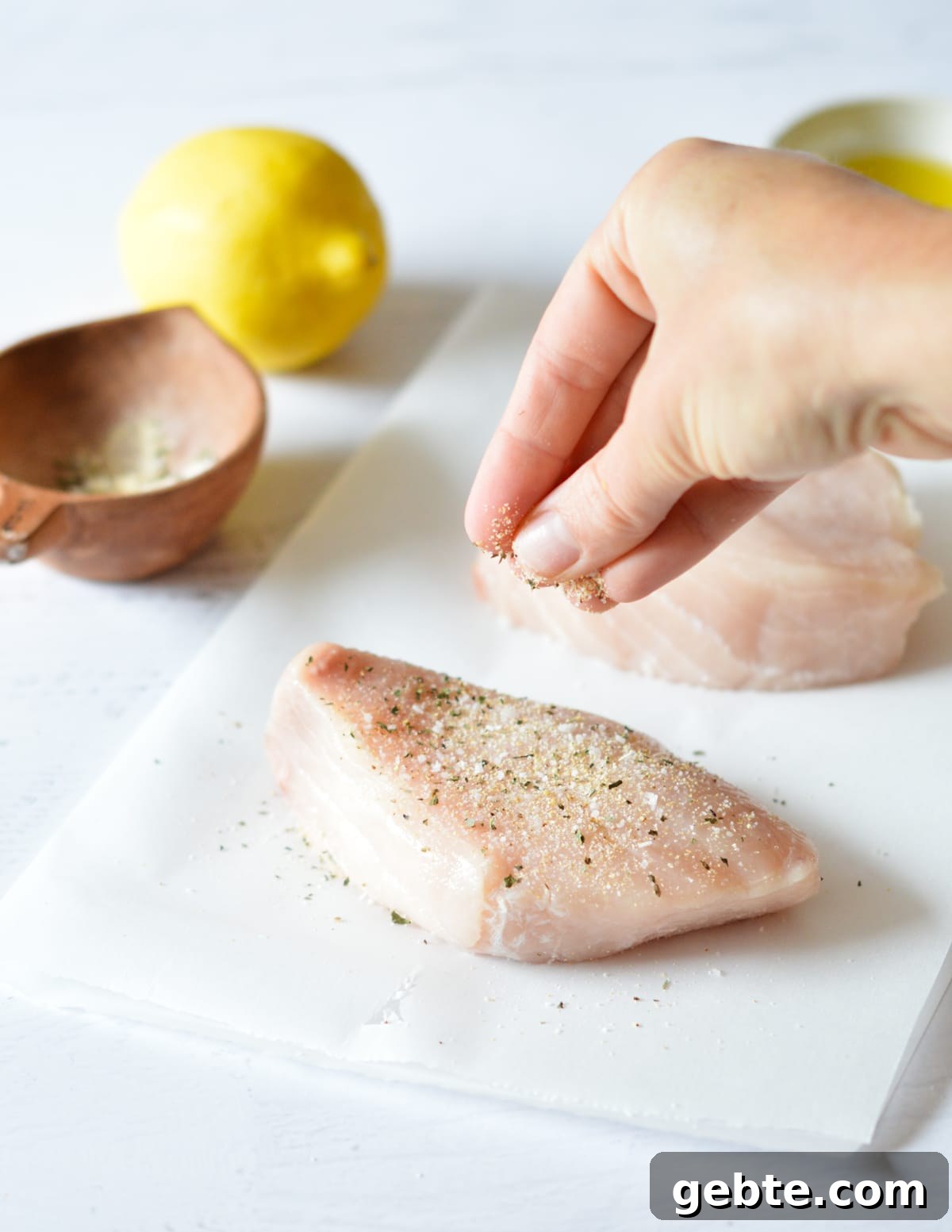 Lemon Basil Butter Baked Swordfish with Garlic and Herbs 5 raw swordfish with seasoning on it.