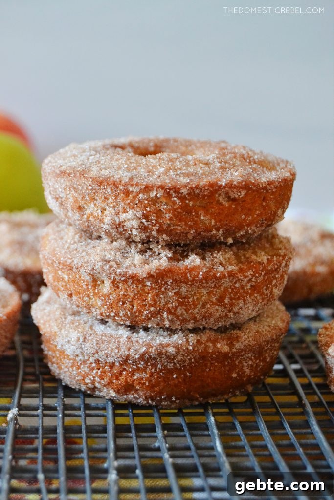 Apple Cider Baked Donuts Recipe: Cinnamon-Glazed Fall Treat 5 a vertical trio stack of apple cider donuts on a wire rack