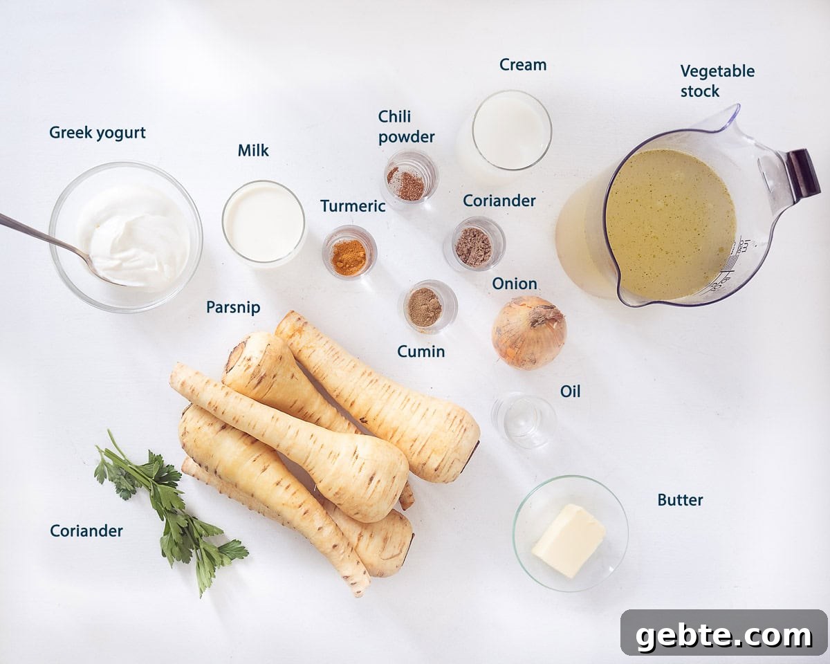 Ingredients Parsnip Soup With Coriander And Cream on a white background with text description
