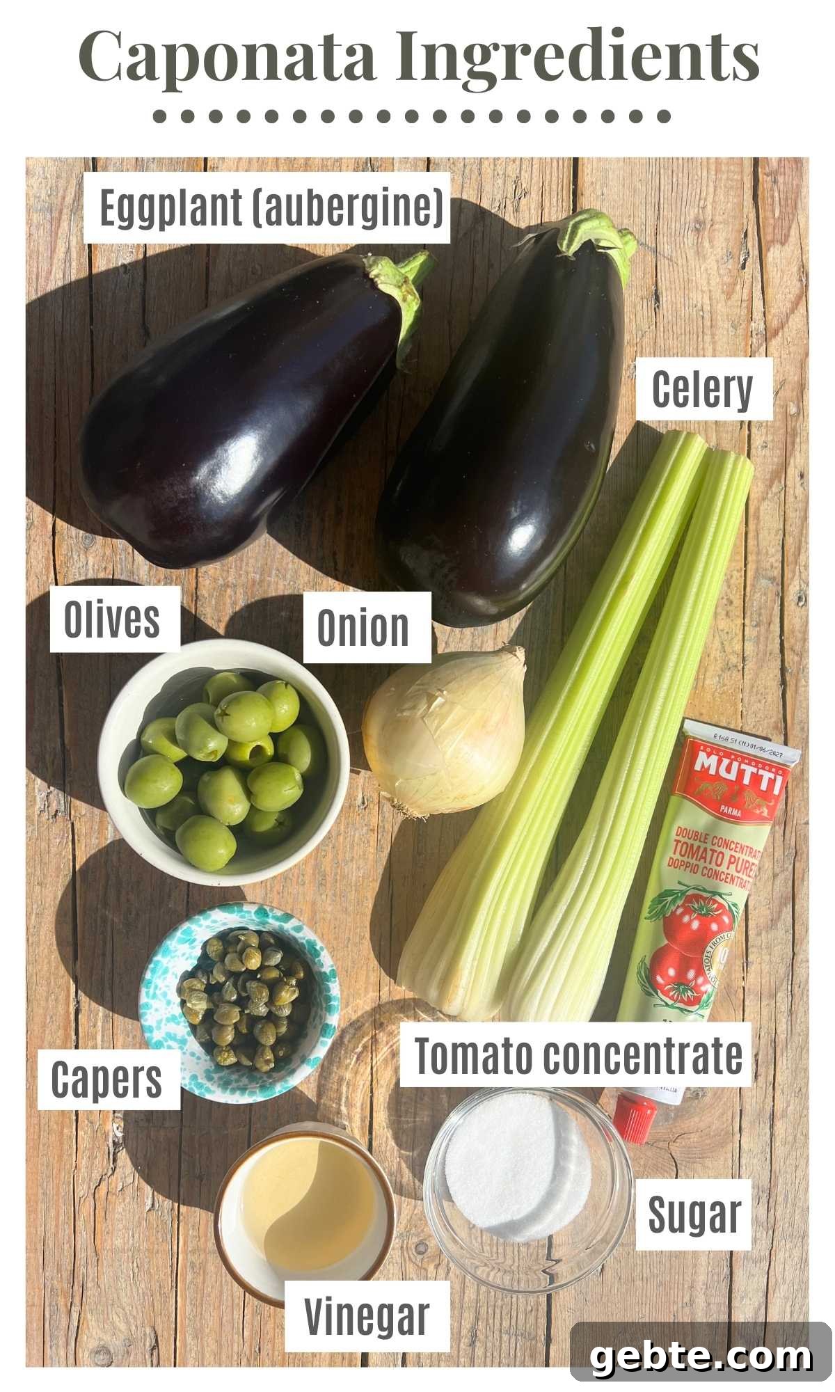 Sicilian Eggplant Caponata Recipe: Authentic Sweet-Sour Relish 3 All the ingredients needed to make caponata on a wooden surface.