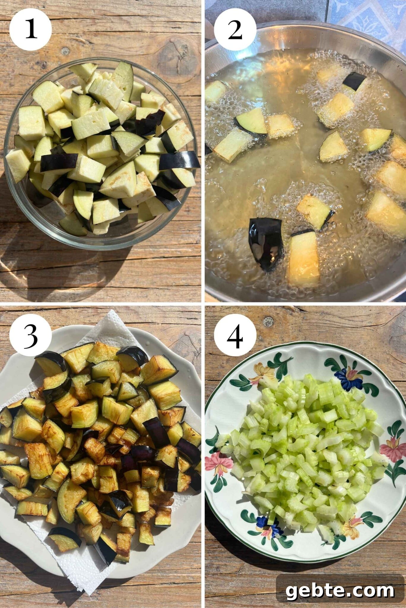 Sicilian Eggplant Caponata Recipe: Authentic Sweet-Sour Relish 4 Four photos in a collage showing how to fry eggplant. The last photos shows celery cut up into small pieces.