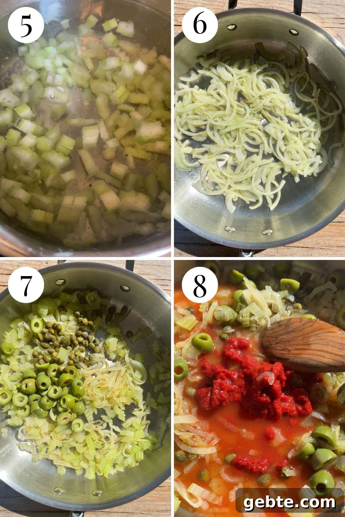 Sicilian Eggplant Caponata Recipe: Authentic Sweet-Sour Relish 5 Four photos in a collage showing how boil celery and then saute it with onions, olives, capers and tomato.