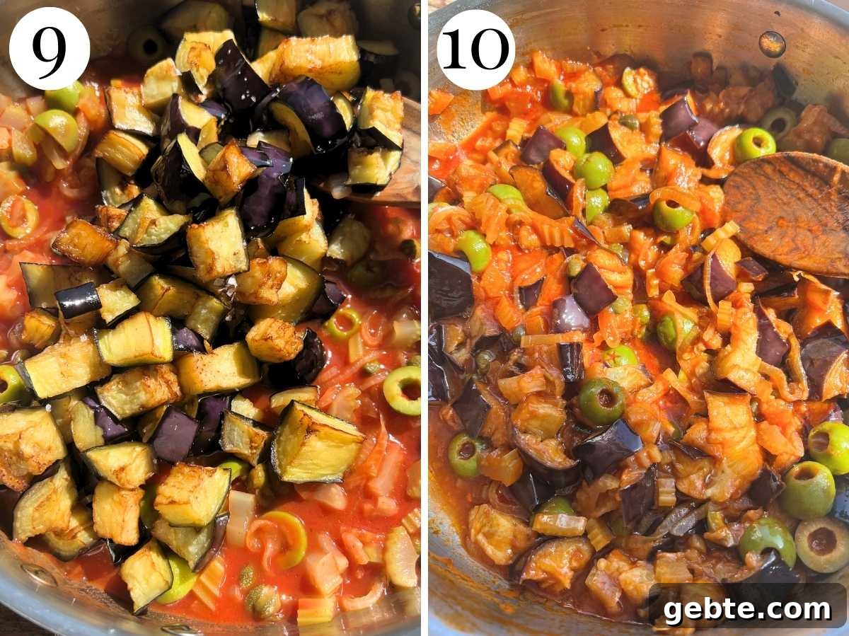 Sicilian Eggplant Caponata Recipe: Authentic Sweet-Sour Relish 6 Two photos showing before and after addign the fried eggplant to caponata.