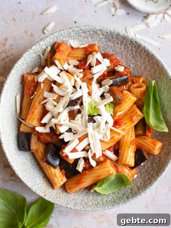 Sicilian Eggplant Caponata Recipe: Authentic Sweet-Sour Relish 8 An overhead shot of Pasta alla Norma in a bowl topped with cheese
