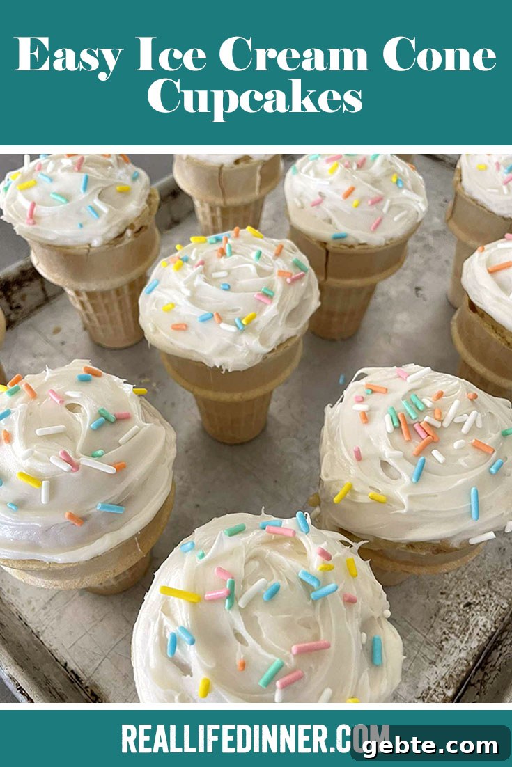 Ice Cream Cone Cupcakes: Fun No-Bake Party Treats 15 Pinterest picture of vanilla frosted ice cream cone cupcake with sprinkles on a baking sheet with the text of the title at the top.