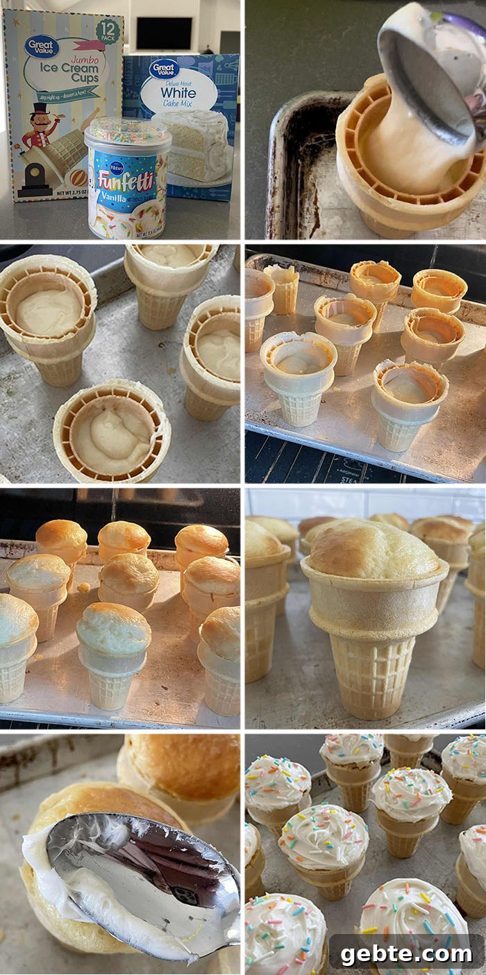 Ice Cream Cone Cupcakes: Fun No-Bake Party Treats 5 8-photo picture collage of step-by-step photos of how to make easy ice cream cone cupcakes.