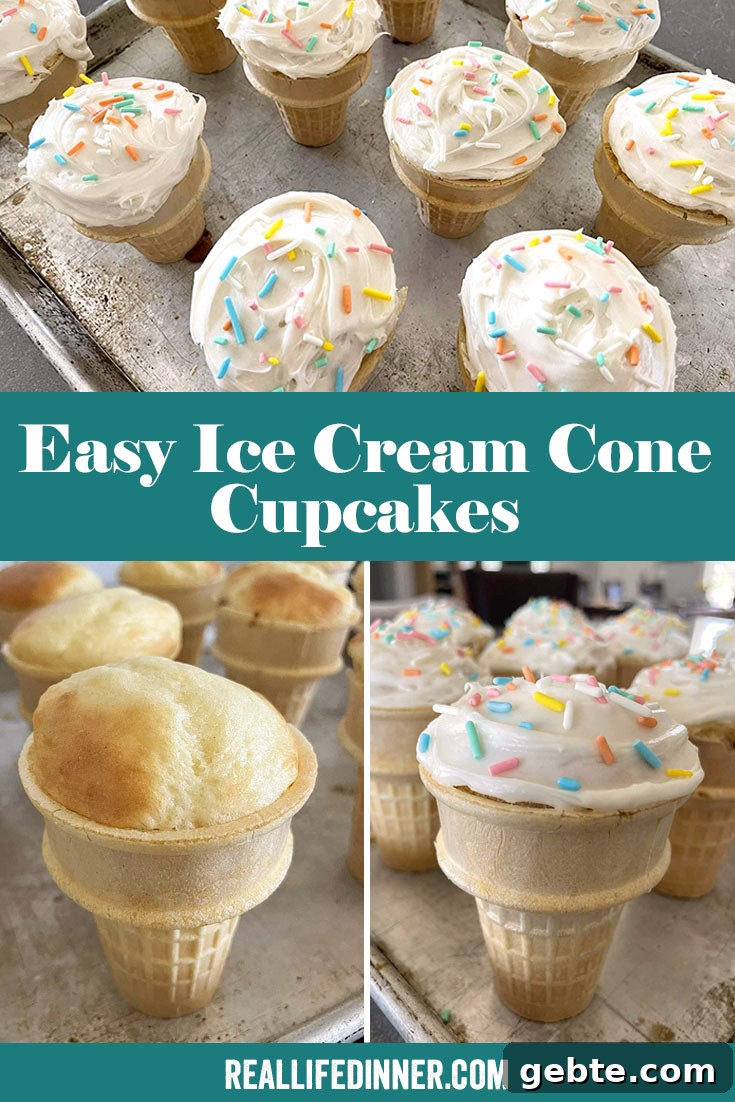 Three-photo picture collage of Easy Ice Cream Cone Cupcakes with the text of the title in the middle separating the one photo at the top and two photos on the bottom. The top photo has frosted ice cream cone cupcakes with sprinkles on a baking sheet. The bottom left photo has unfrosted cupcake cones. The bottom right photo are frosted cupcake cones with sprinkles.