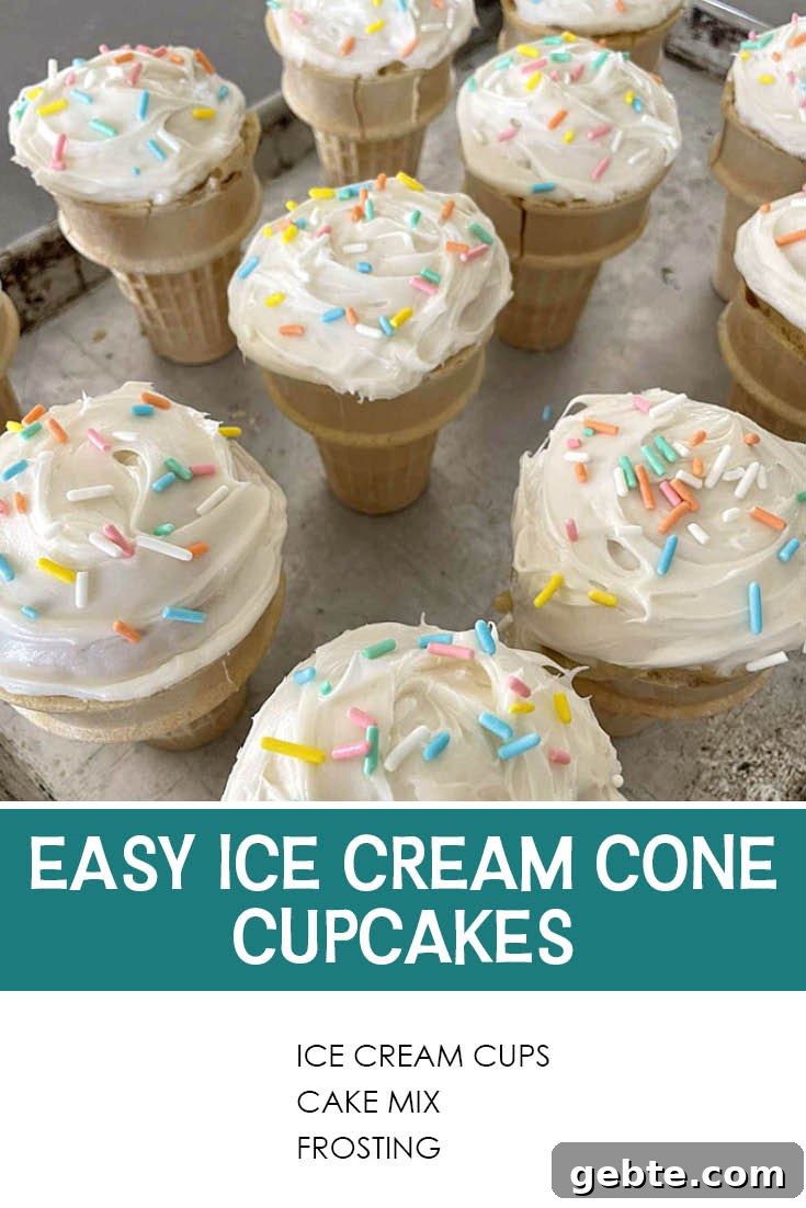 Ice Cream Cone Cupcakes: Fun No-Bake Party Treats 8 Pinterest picture of Easy Ice Cream Cone Cupcakes with the text of the title separating the ingredients list at the bottom.