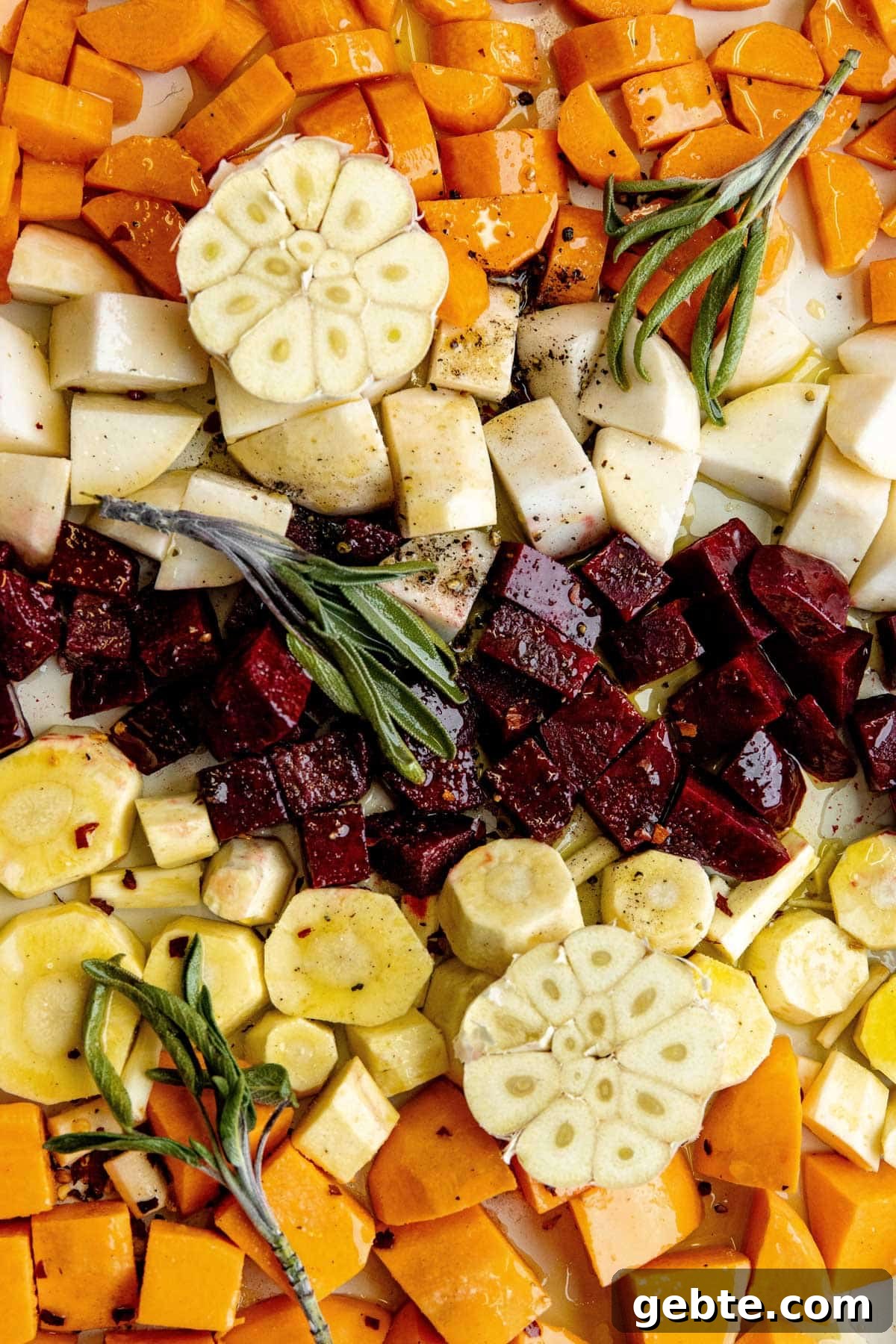 closeup overhead photo of cubed root vegetables on a baking sheet with fresh sage sprigs