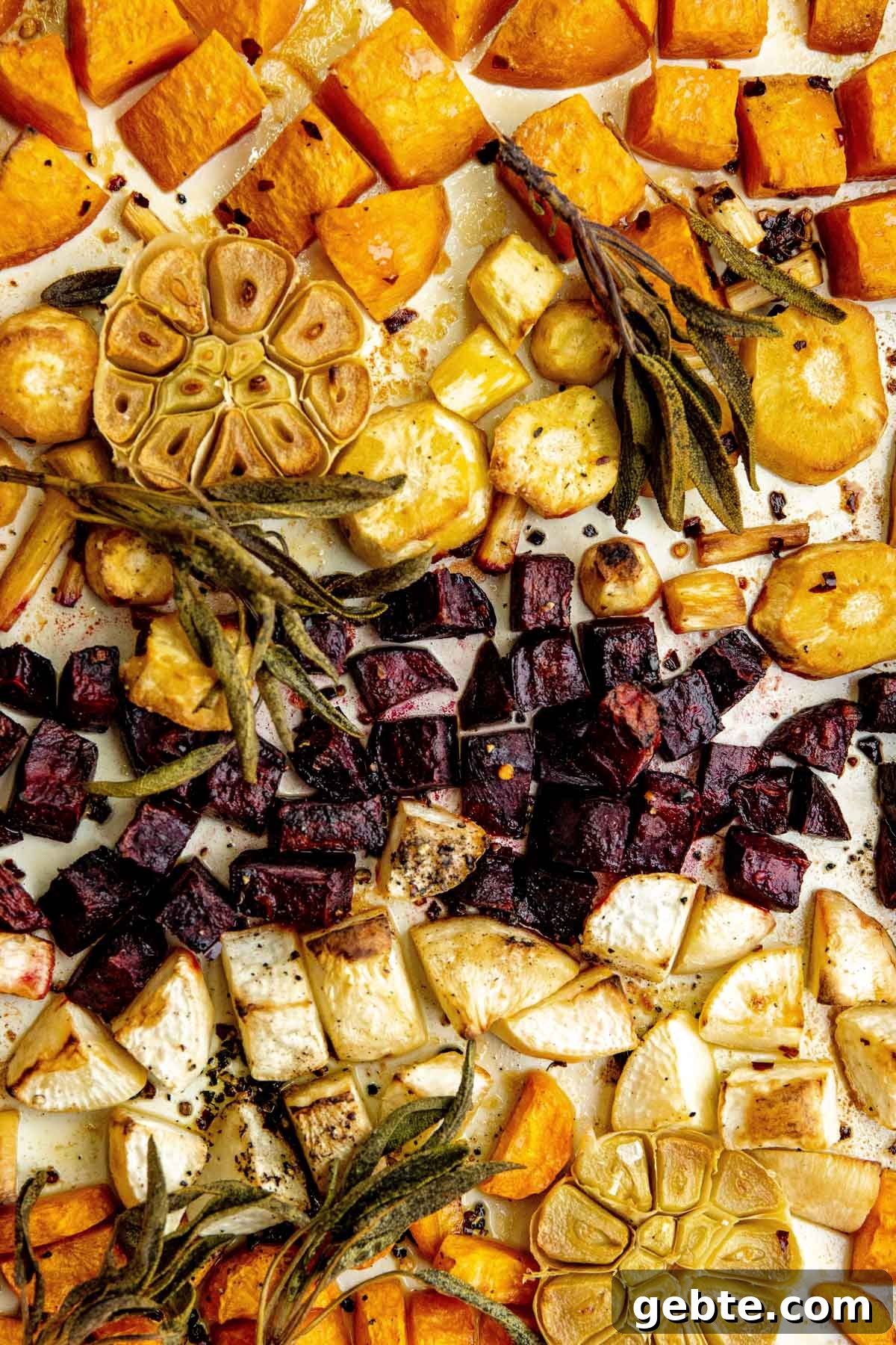 overhead photos of roasted root vegetables with crispy sage leaves on a baking sheet