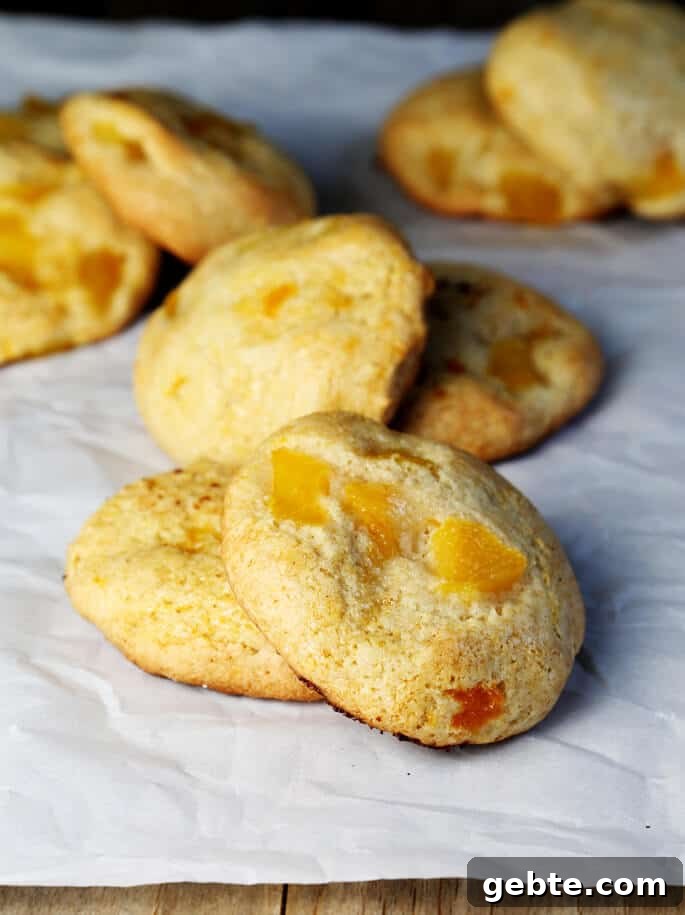 Peach pie cookies laying on side of each other on white surface. 