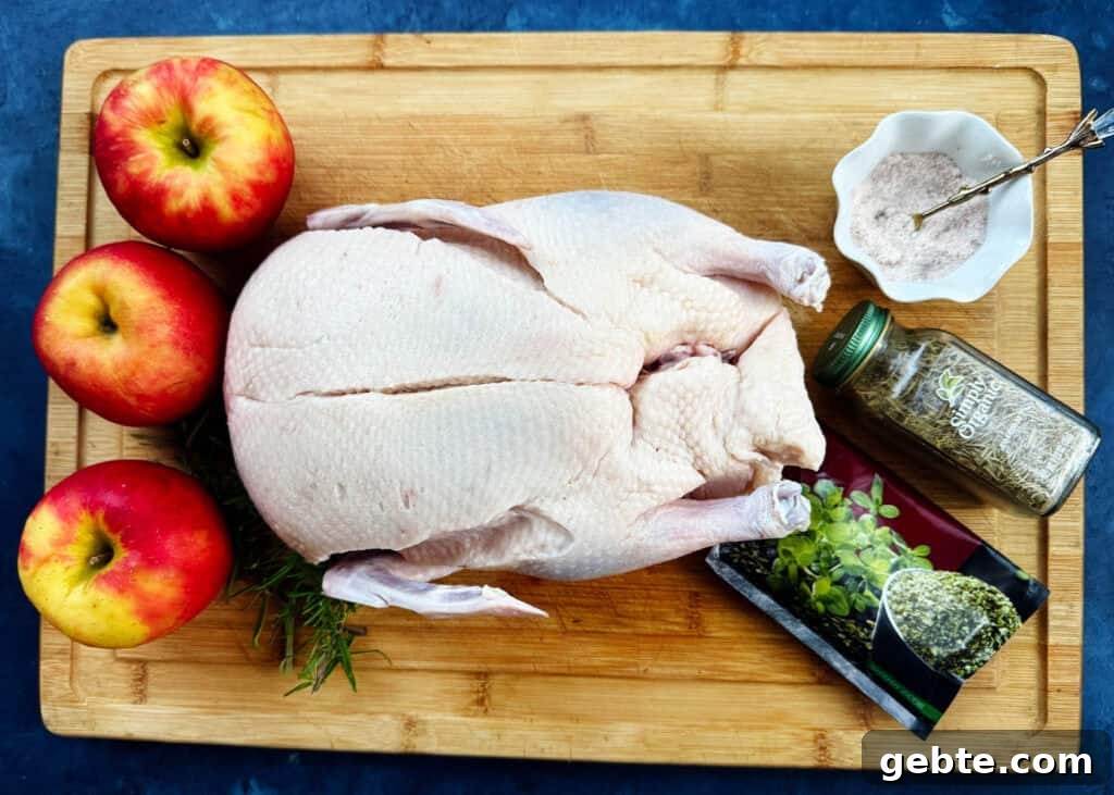 All the ingredients for this roast duck stuffed with apples recipe