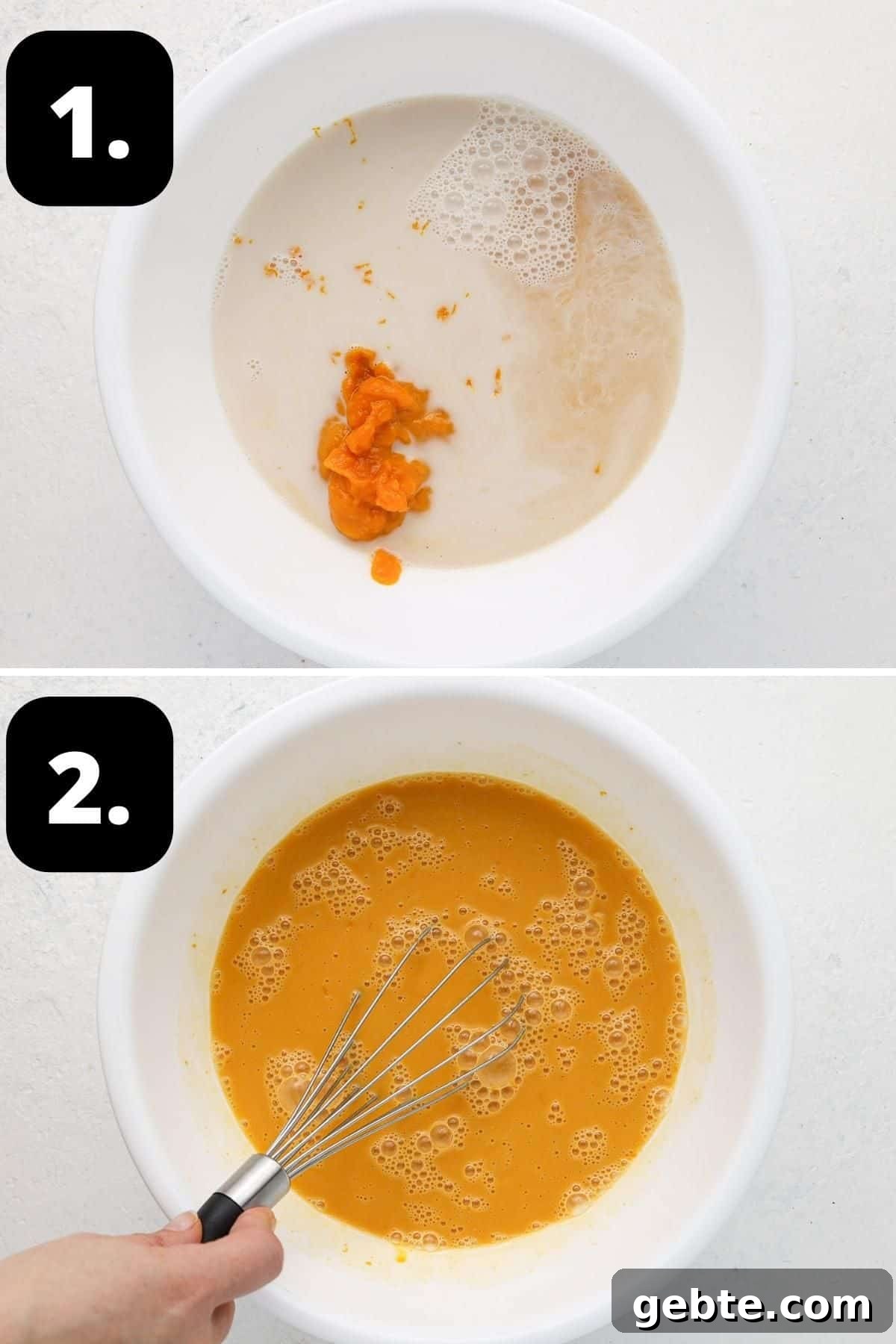 Steps 1-2 of preparing this recipe - the liquid ingredients in a bowl and whisking the ingredients together.