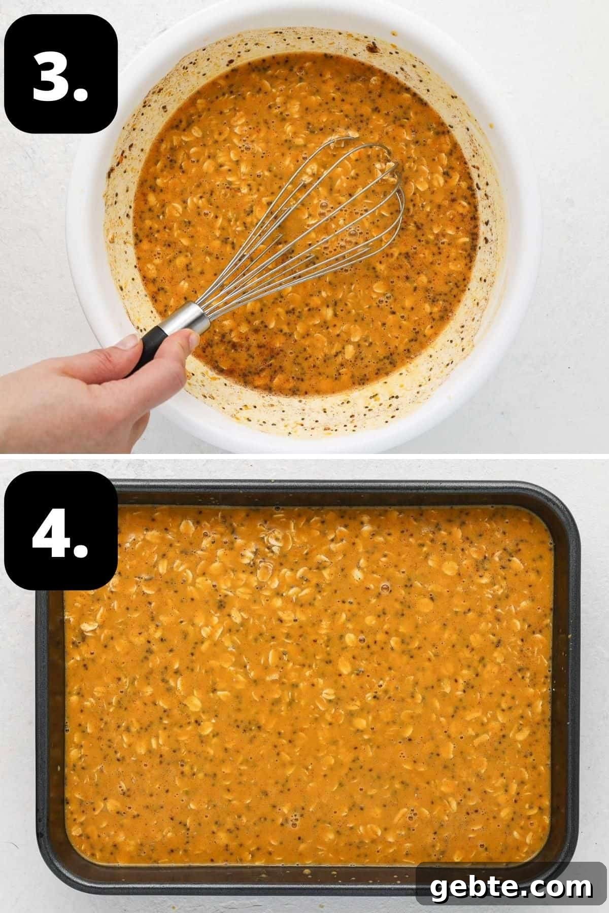 Steps 3-4 of preparing this recipe - the oats and chia added to the liquid and the mixture in a baking dish ready for the oven.