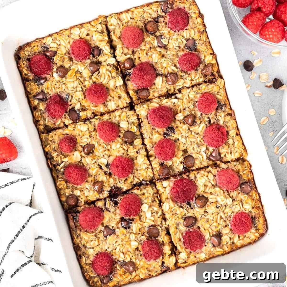 White rectangular dish of baked raspberry oatmeal, cut into six pieces.