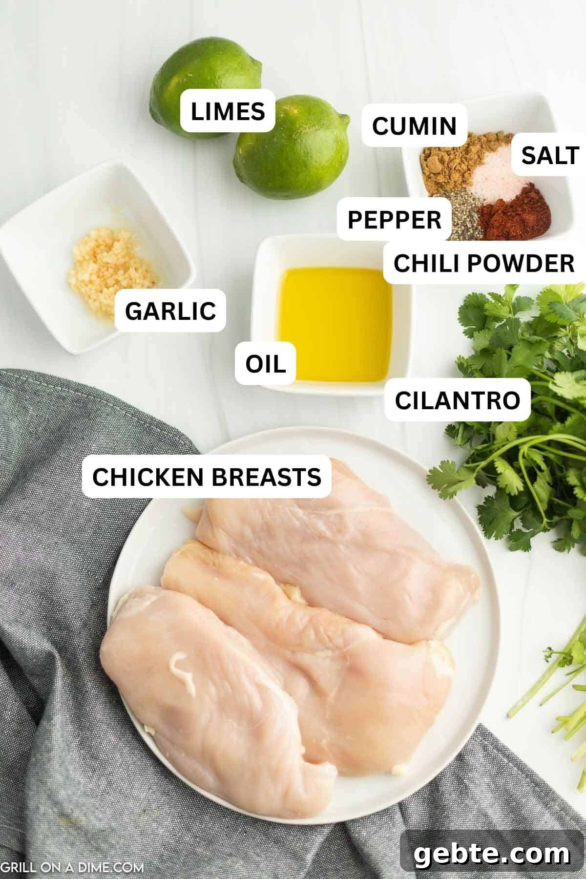 Crispy Blackstone Chicken Tacos with Charred Corn Salsa 3 Ingredients needed to make this recipe which includes chicken breast, limes, oil, garlic, cumin, chili powder, salt and pepper, cilantro, corn tortillas, avocado and red onion.