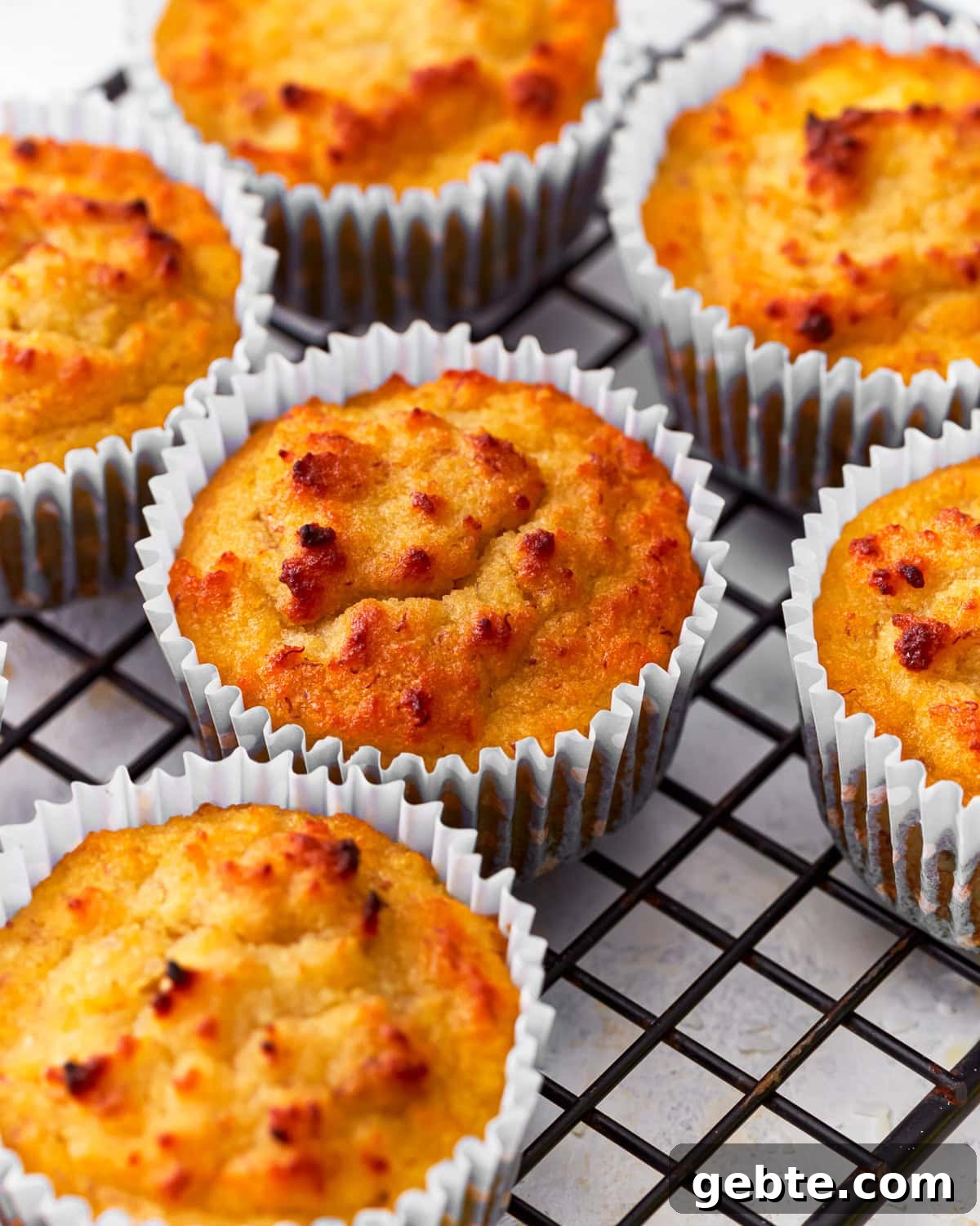 Close up of coconut muffins on a cooling rack.