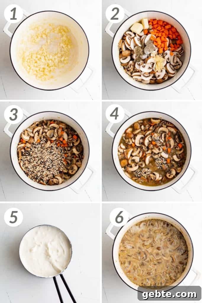 Creamy Wild Rice and Mushroom Soup Recipe for Cozy Nights 3 Collage showing how to make wild rice and mushroom soup.