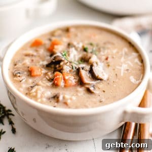 Creamy Wild Rice and Mushroom Soup Recipe for Cozy Nights 5 White bowl filled with mushroom soup.