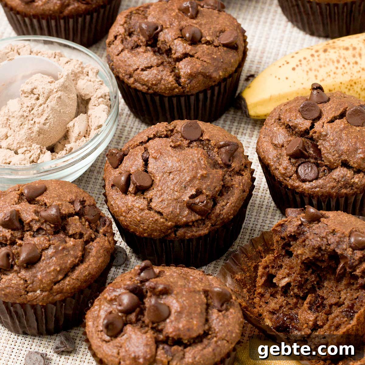 Chocolate Banana Protein Muffins with Oat Flour Recipe 2 Chocolate banana protein muffins with chocolate chips.