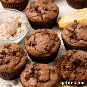 Chocolate Banana Protein Muffins with Oat Flour Recipe 8 Chocolate banana protein muffins with chocolate chips.