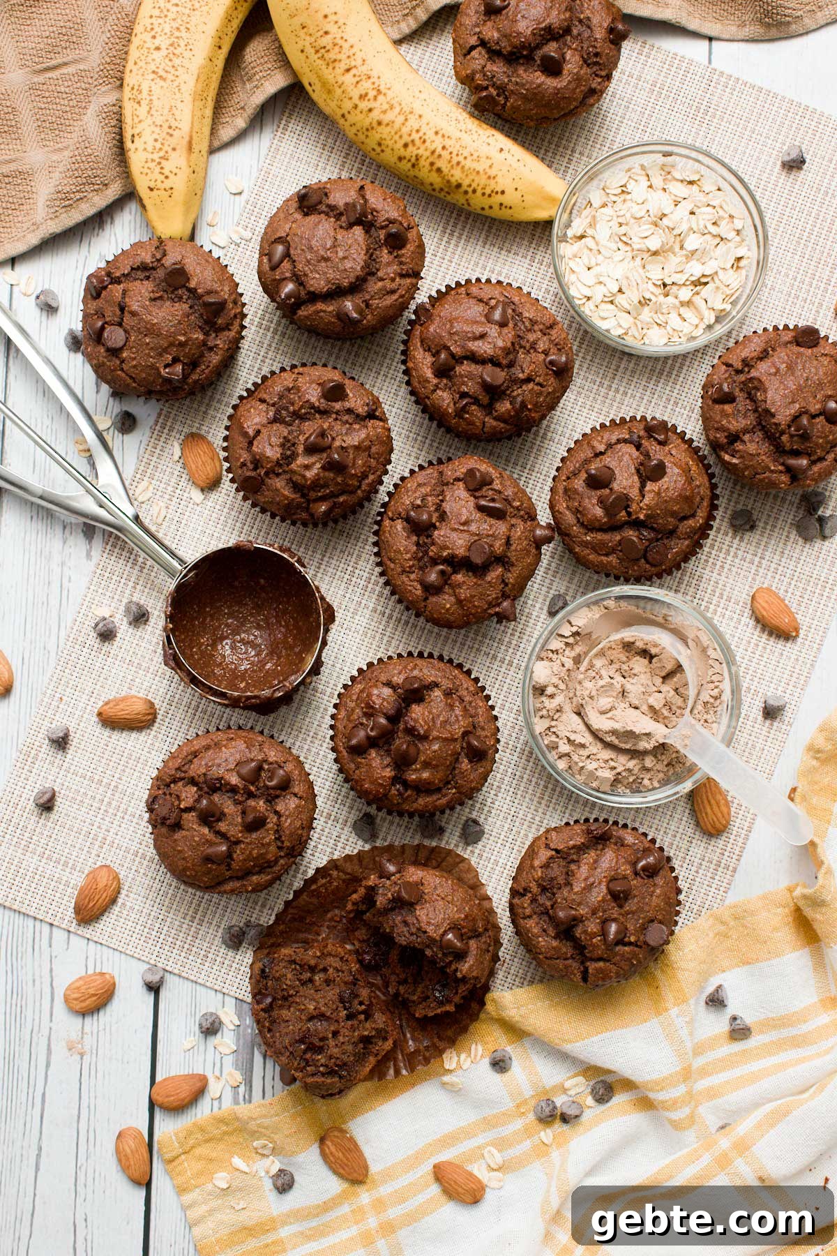 Chocolate Banana Protein Muffins with Oat Flour Recipe 3 Chocolate banana protein muffins with chocolate chips.