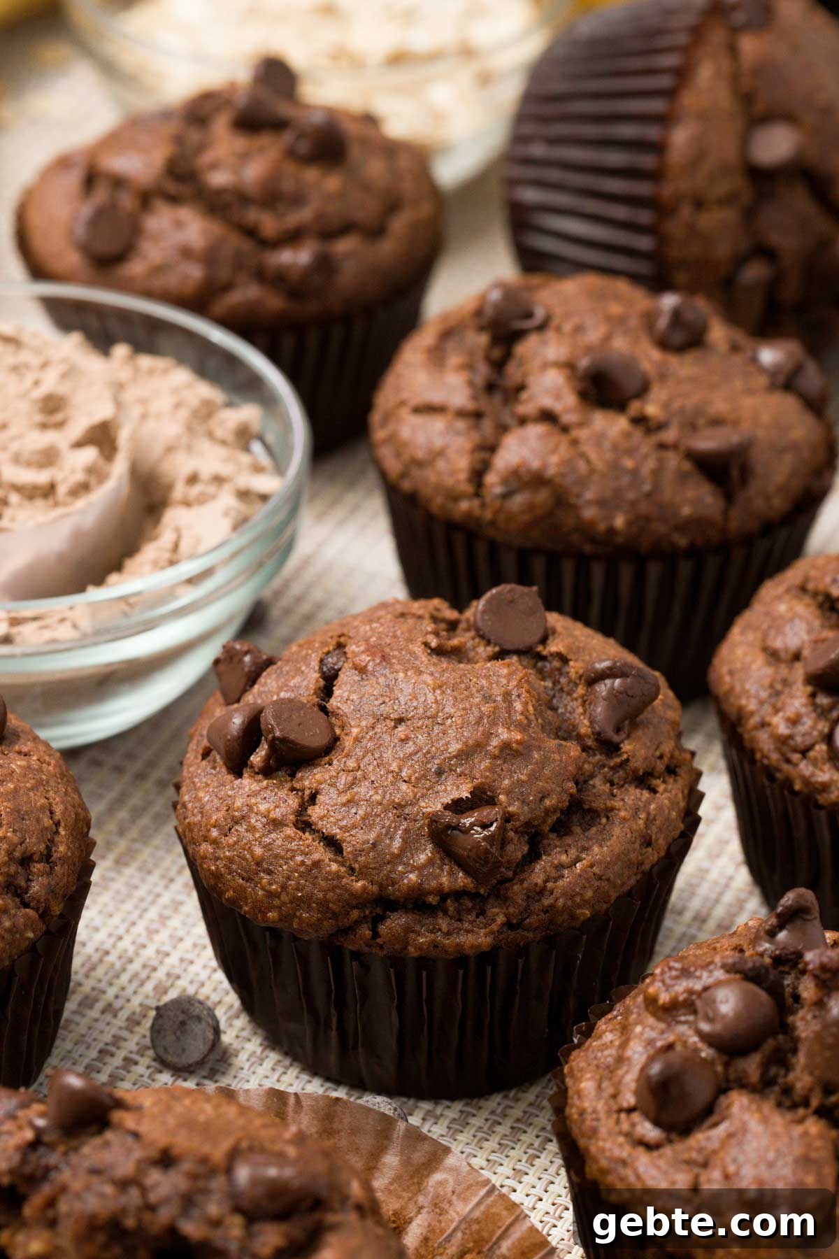 Chocolate Banana Protein Muffins with Oat Flour Recipe 4 Chocolate banana protein muffins with chocolate chips.