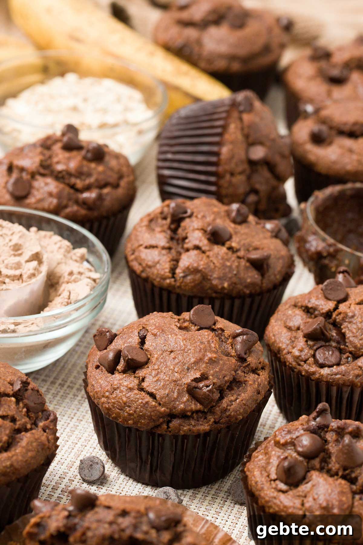 Chocolate Banana Protein Muffins with Oat Flour Recipe 7 Chocolate banana protein muffins with chocolate chips.