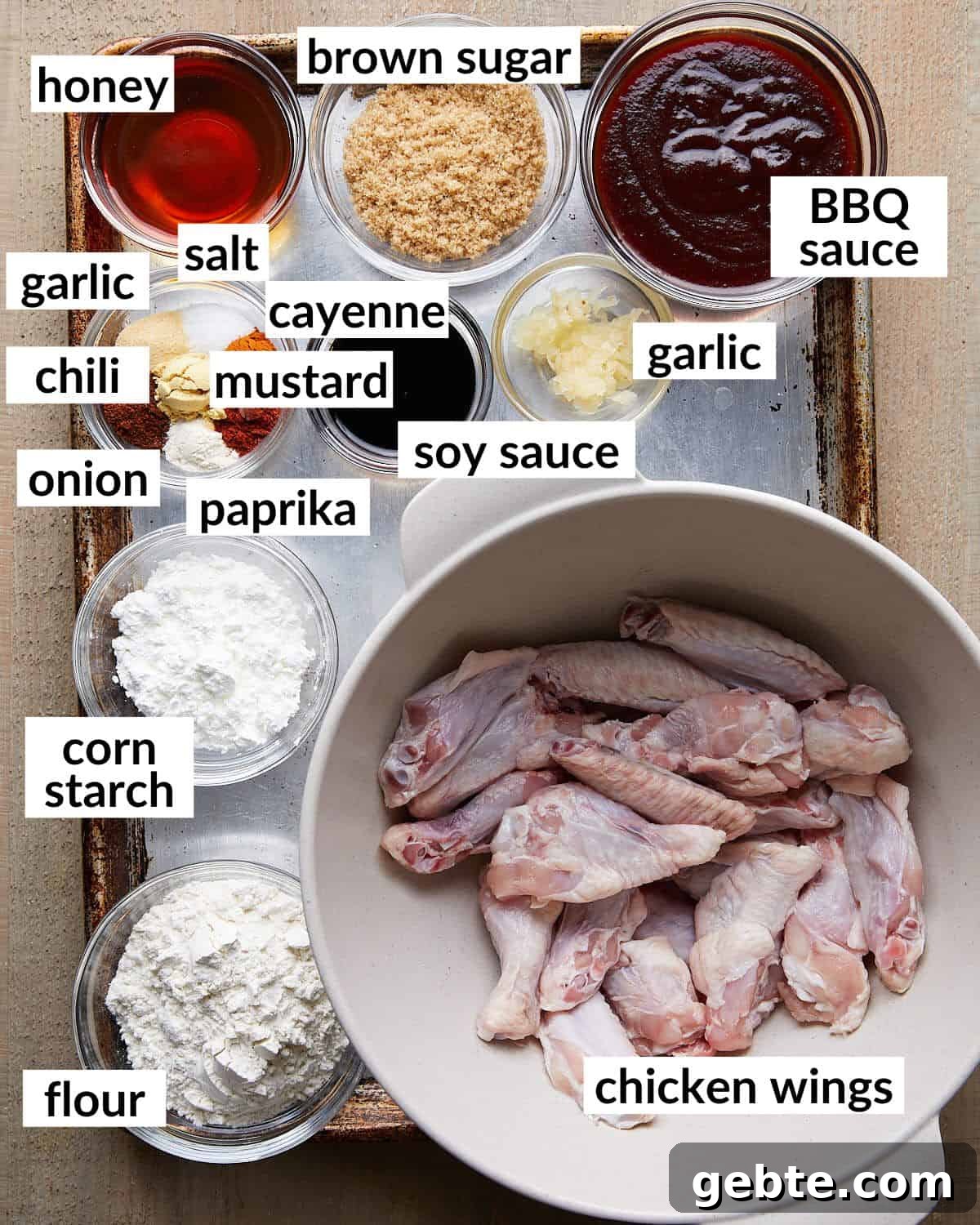 Overhead image for sticky bbq chicken wings recipe.
