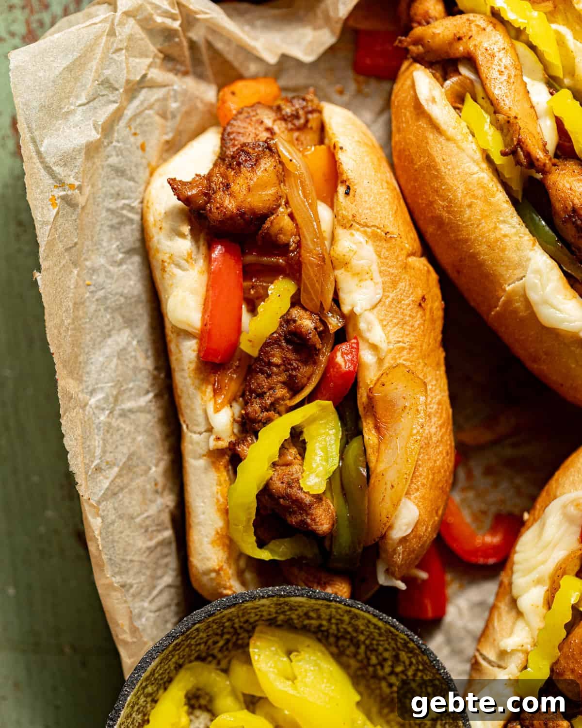 chicken philly cheesesteak sandwich on a piece of parchment paper with a small bowl of banana peppers.