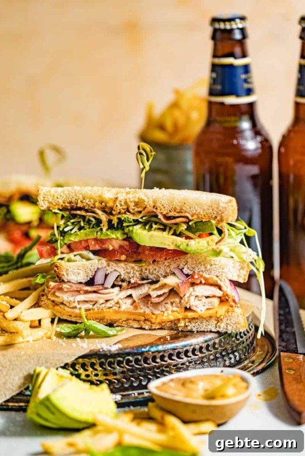 a club sandwich cut in half with french fries and chipotle mayo in a bowl.