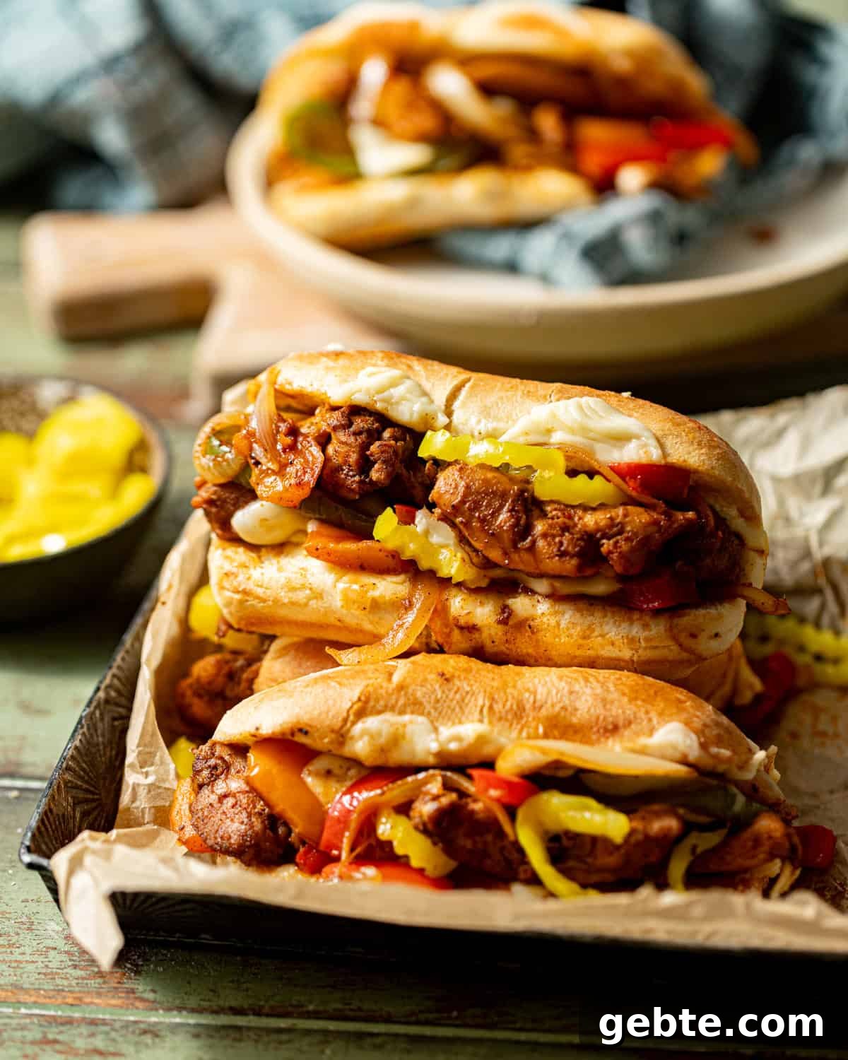chicken cheesesteaks stacked on top of each other in a serving tray.