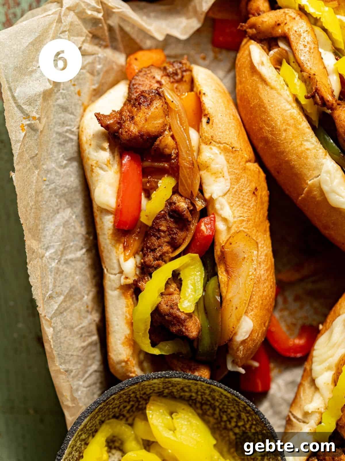 chicken philly cheesesteak assembled on a serving tray.