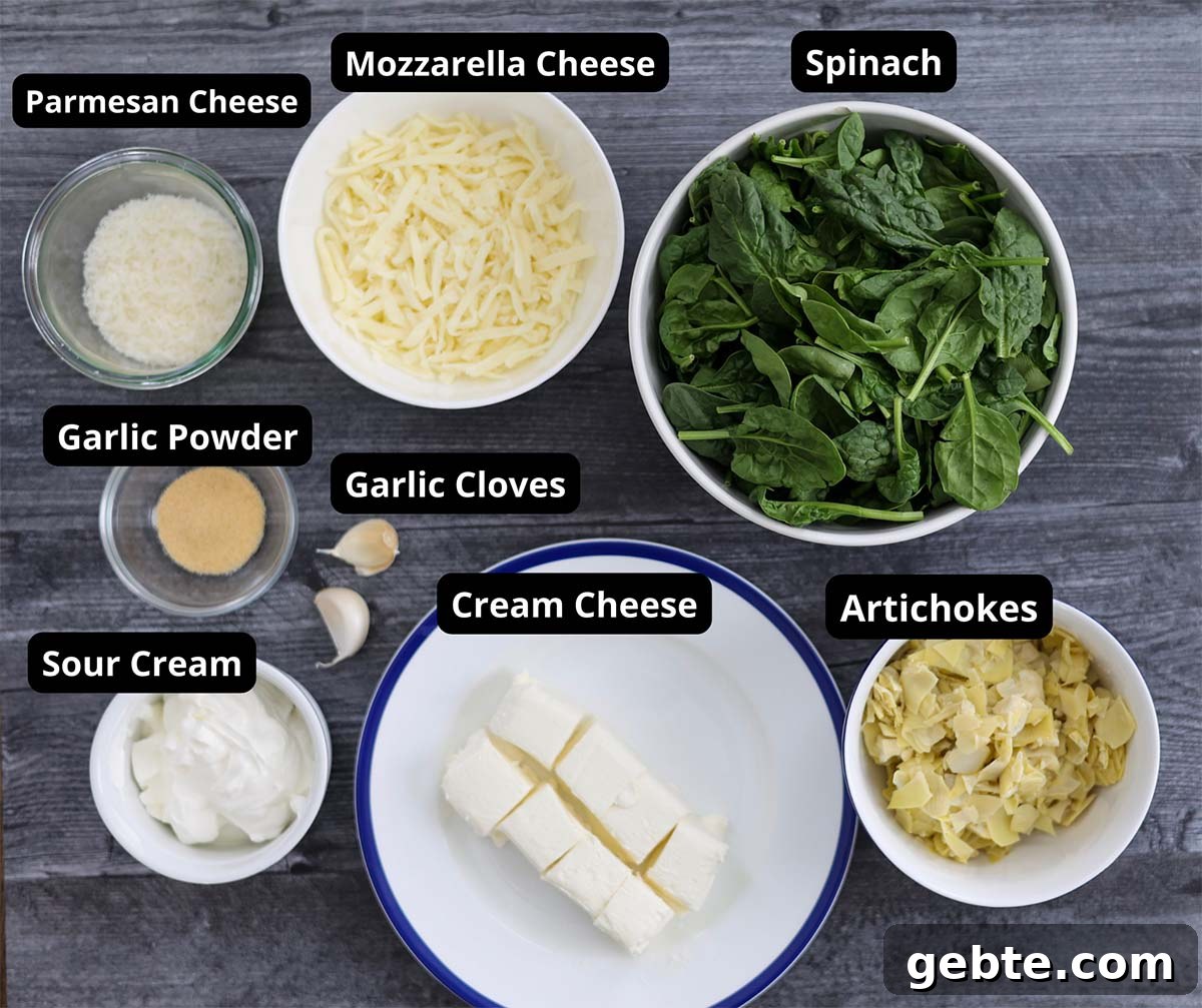 Slow Cooker Spinach and Artichoke Dip Recipe for Parties 3 Labeled ingredients on plates and small bowls.