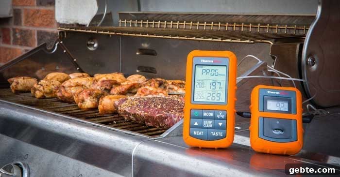 thermopro tp20 next to grill cooking meat