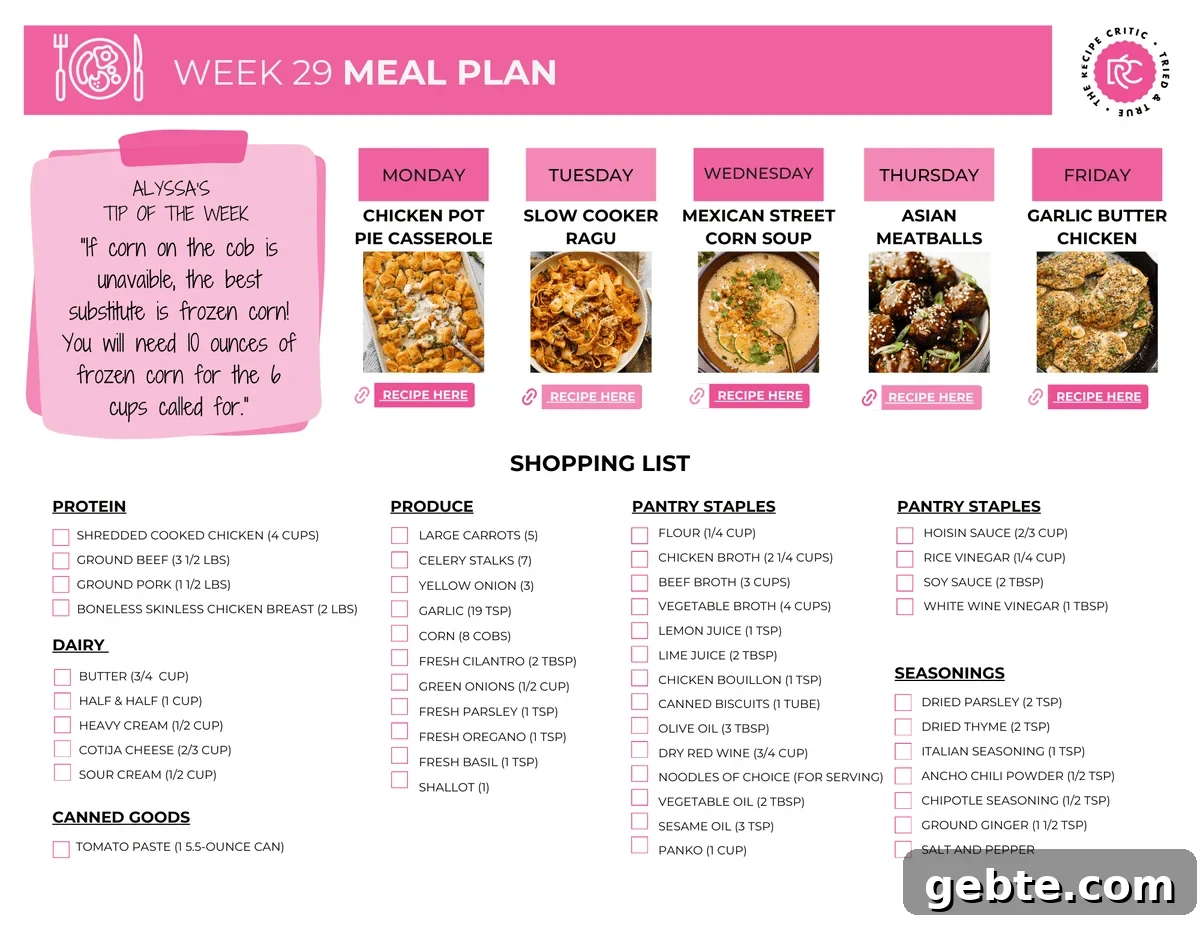 This week’s meal plan is all about easy, flavorful dinners the whole family will love. It has all your comfort dishes that will make perfect leftovers! A pdf of the weekly meal plan.