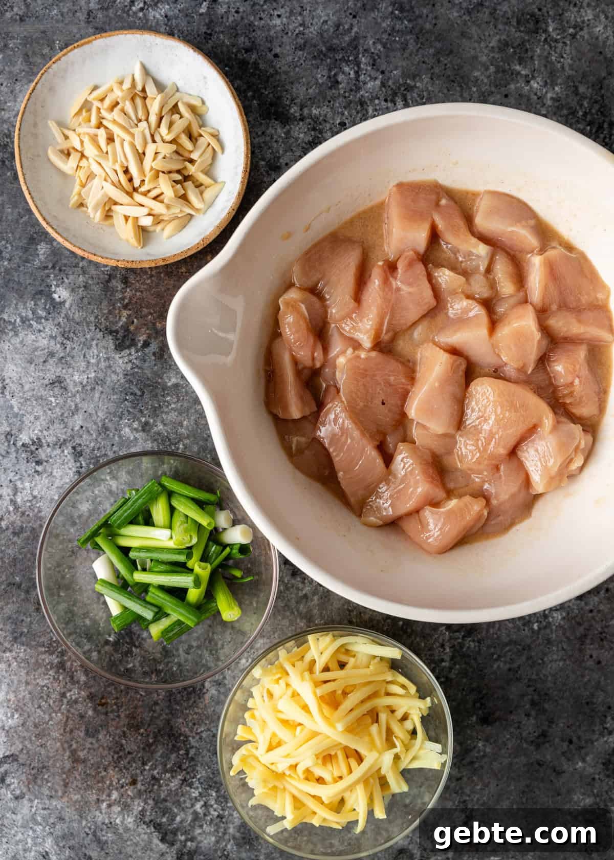 overhead: ingredients needed to make almond chicken