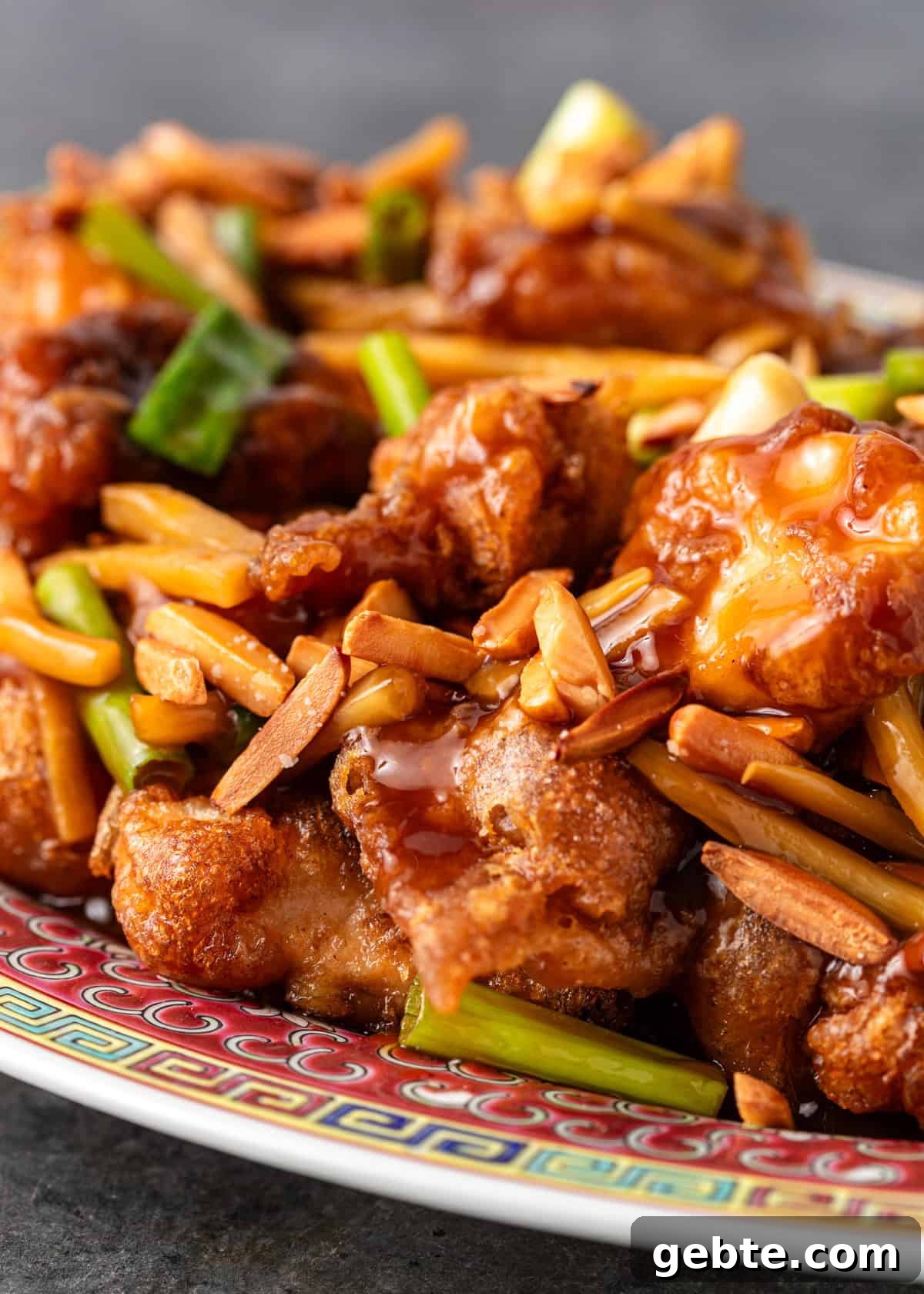 closeup: almond chicken with sauce, almond slivers, carrots, and bamboo shoots