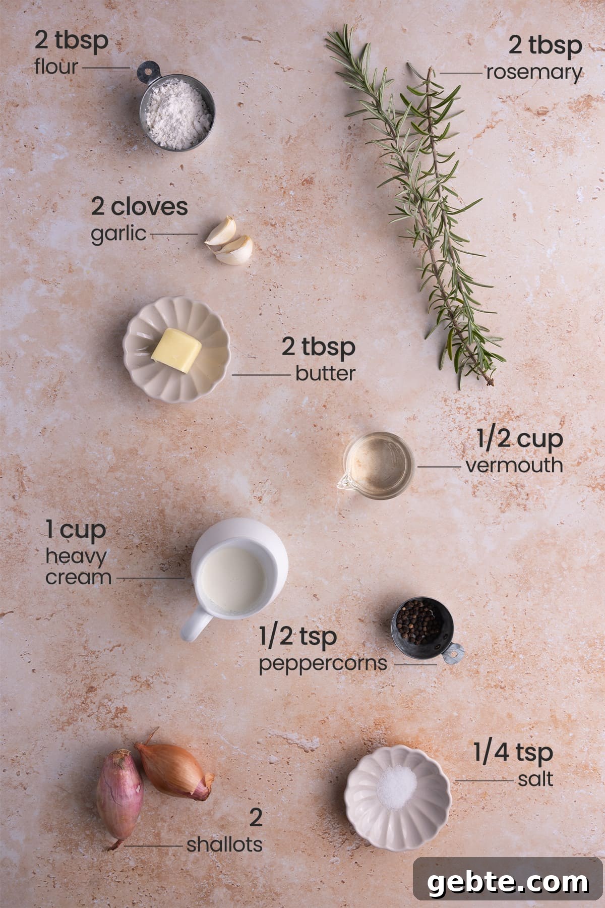 ingredients for shallot cream sauce - flour, rosemary, garlic, butter, vermouth, heavy cream, peppercorns, salt, shallots